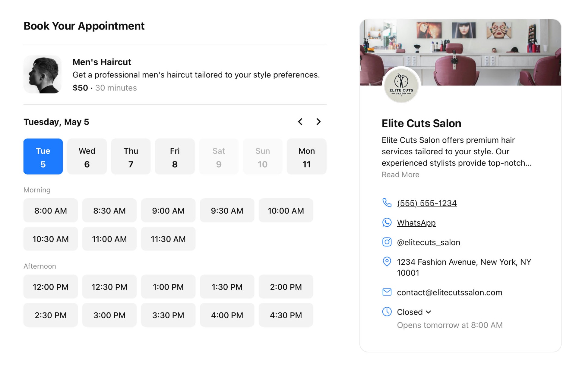 Live booking calendar example with time slot selection