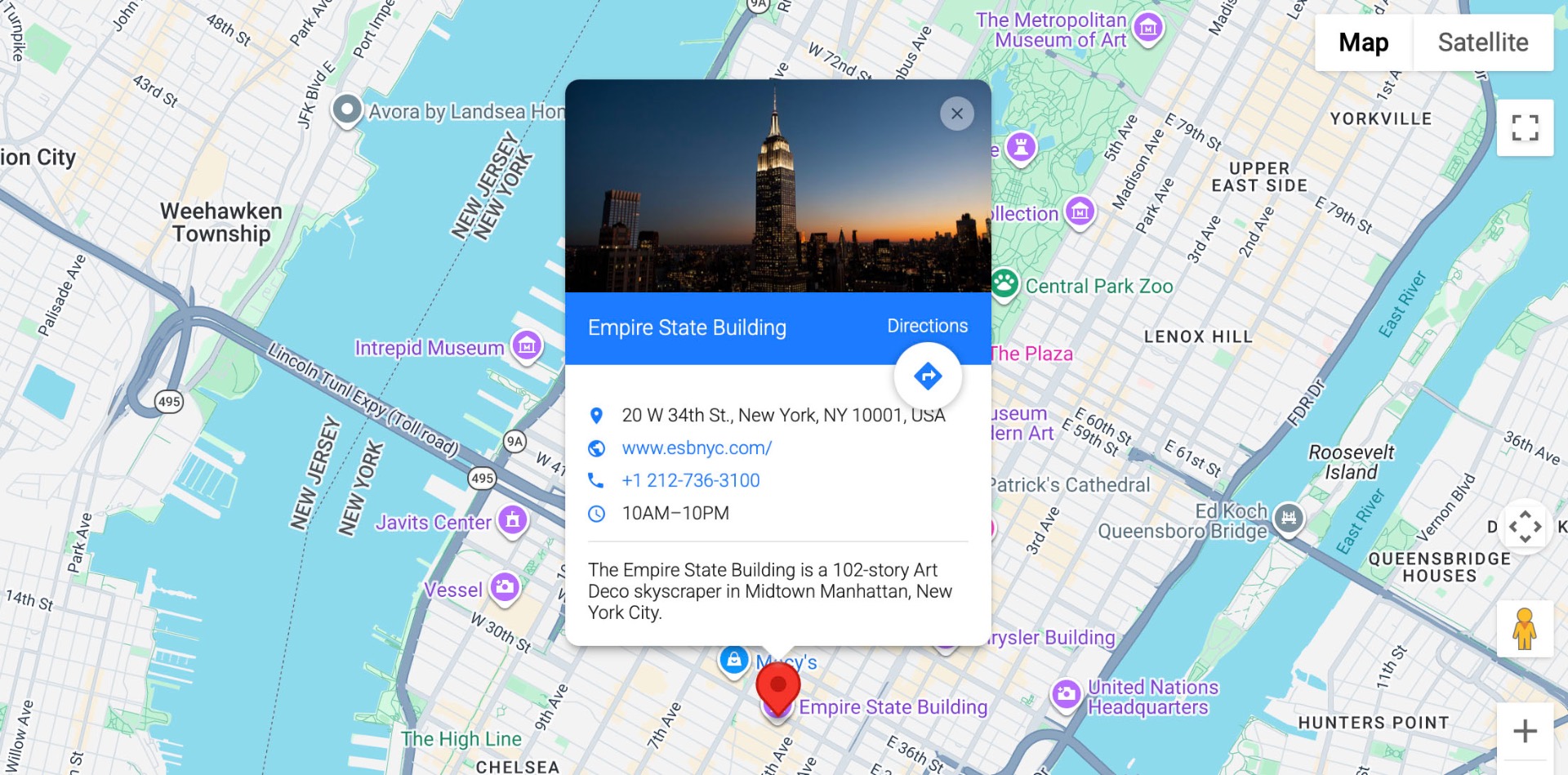 Embedded Google map with location pin and business info card