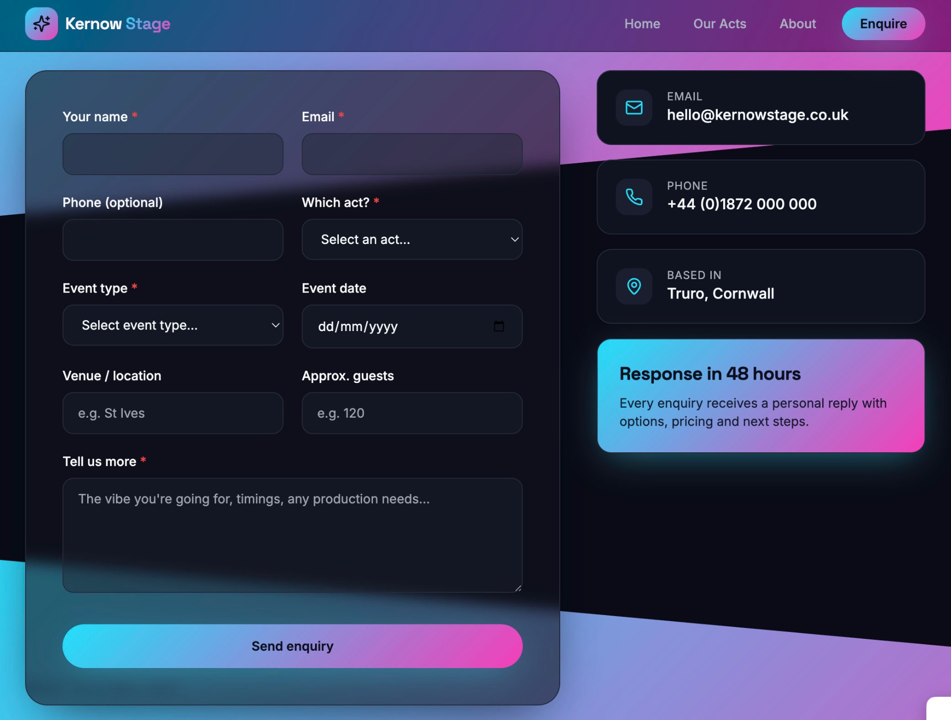 Kernow Stage — contact form example by Drift Southwest