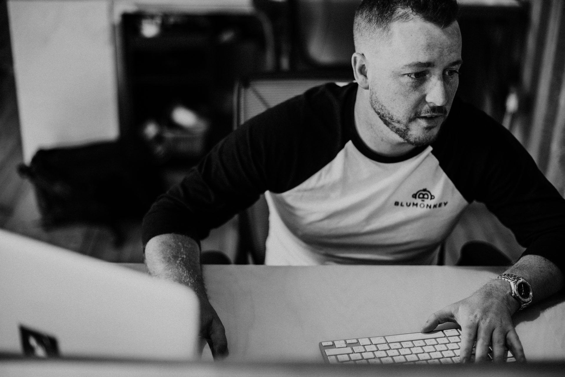 Gerry Sims editing at his desk